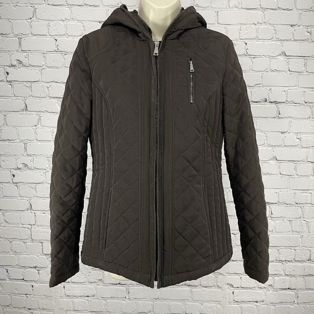 Laundry By Design Brown Quilted Zip Faux Fur Hooded Puffer Jacket Size Small S